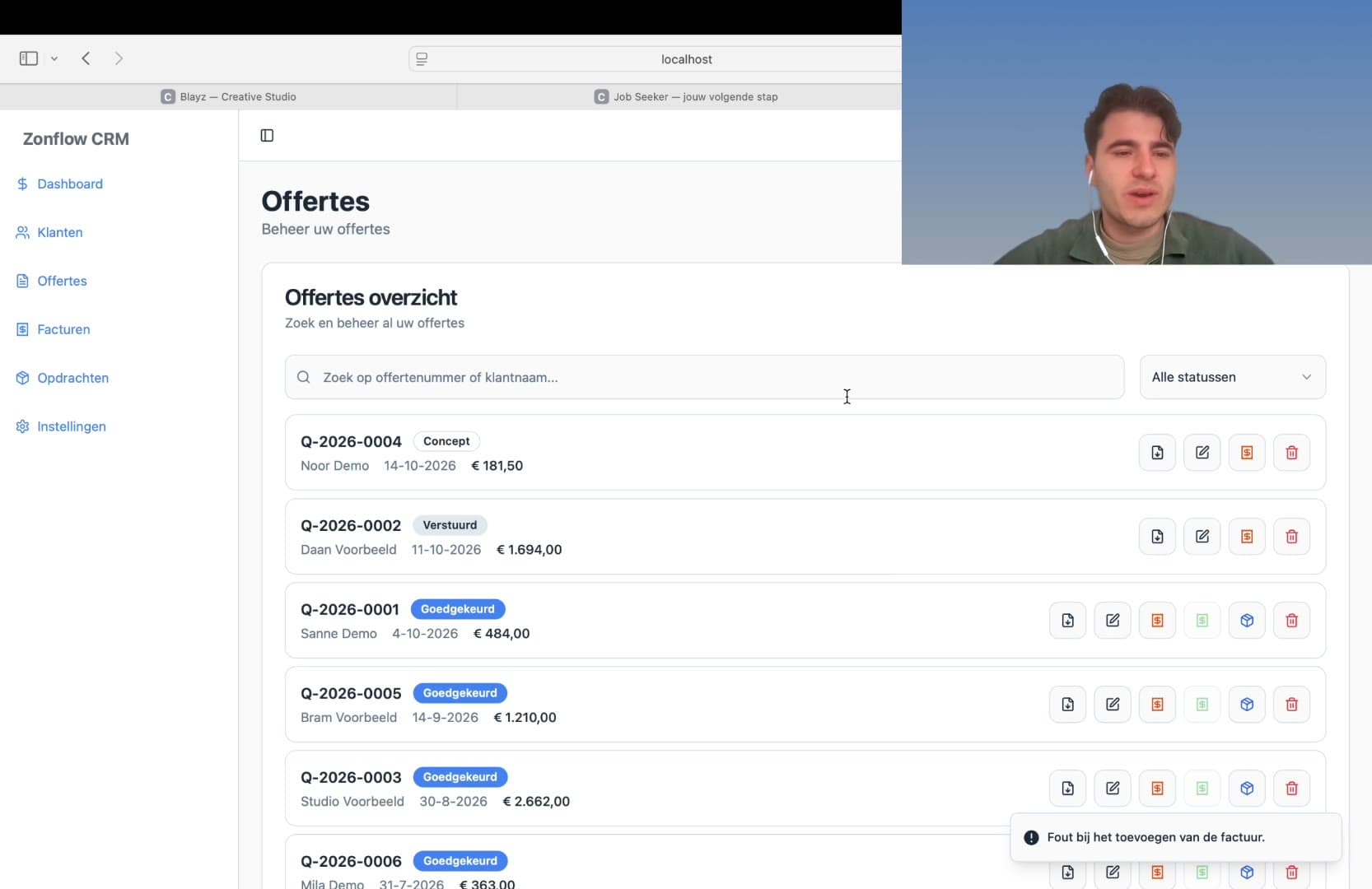 Offerteoverzicht met demonstratiegegevens in ZonFlow CRM.